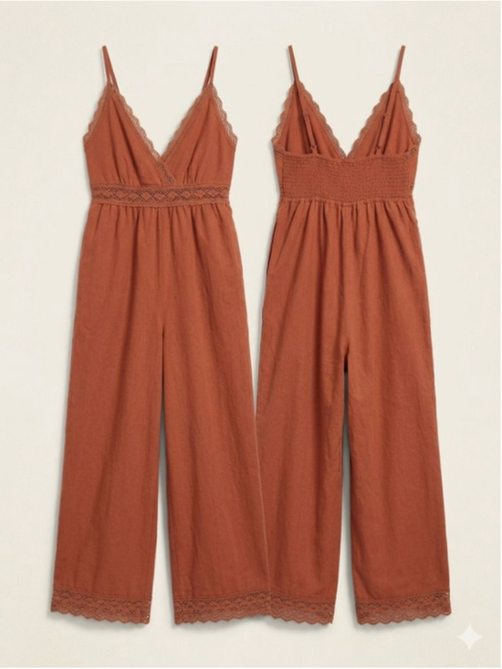 Billabong Pants - Billabong Lace & Lies Wide Leg Jumpsuit - Rust/Terracotta - Medium